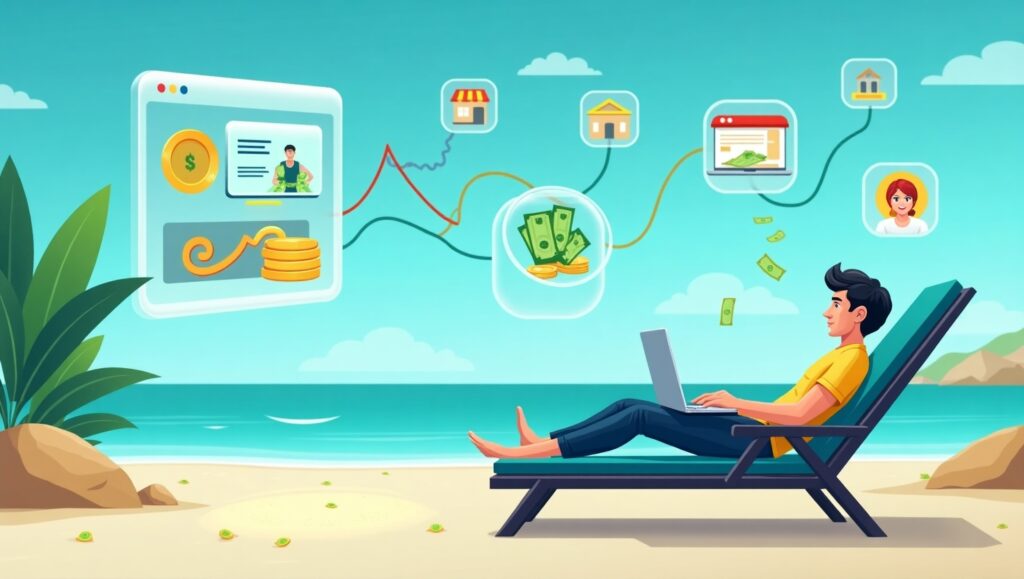 A digital illustration of a person relaxing on a beach chair with a laptop, while money flows into their bank account on a floating screen. Icons of passive income sources like stocks, real estate, and online businesses surround them.