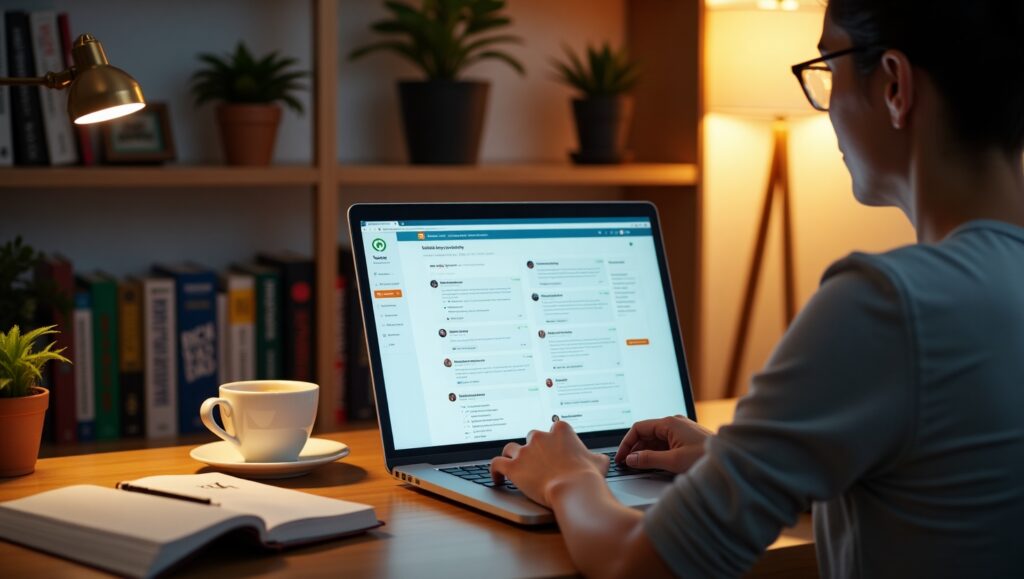 A blogger typing on a laptop, managing a WordPress blog with growing traffic, Google AdSense revenue, and affiliate commissions.
