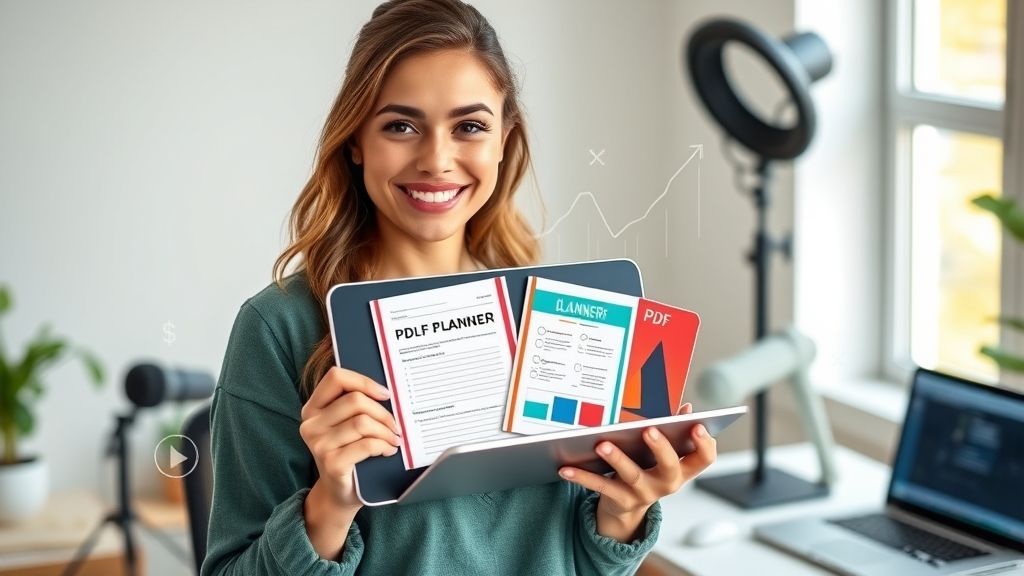 Young diverse creator smiling confidently, holding a tablet showcasing sellable PDF products like planners and ebooks, symbolizing how to make money selling PDFs and achieve passive income online.