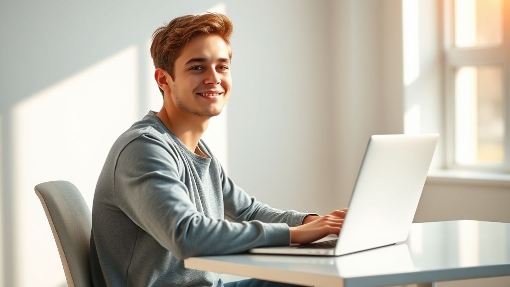 University student smiling confidently at a laptop, finding good side hustles for students to earn money online and feel less stressed.