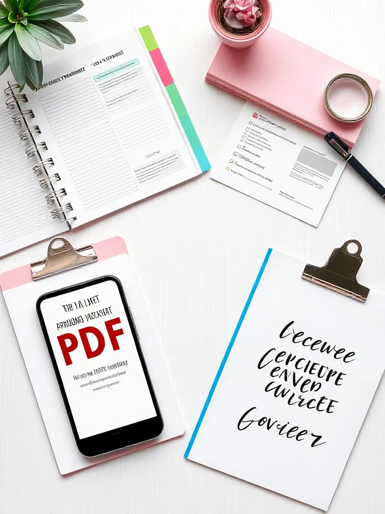 Diverse collection of beautifully designed PDF products like planners, social media templates, ebooks, checklists, and printable art, illustrating what kinds of PDFs sell best online.