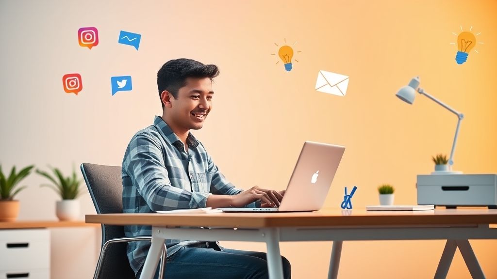 Young entrepreneur working on free marketing strategies to get customers without spending money