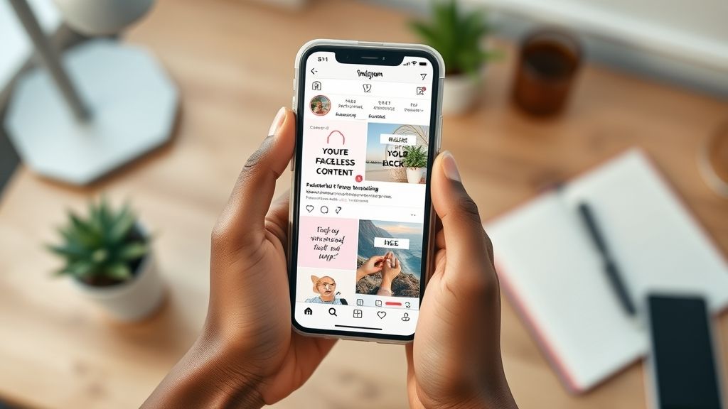 Hands holding a smartphone displaying a successful faceless Instagram page with engaging content; symbolizing anonymous content creation and growth.